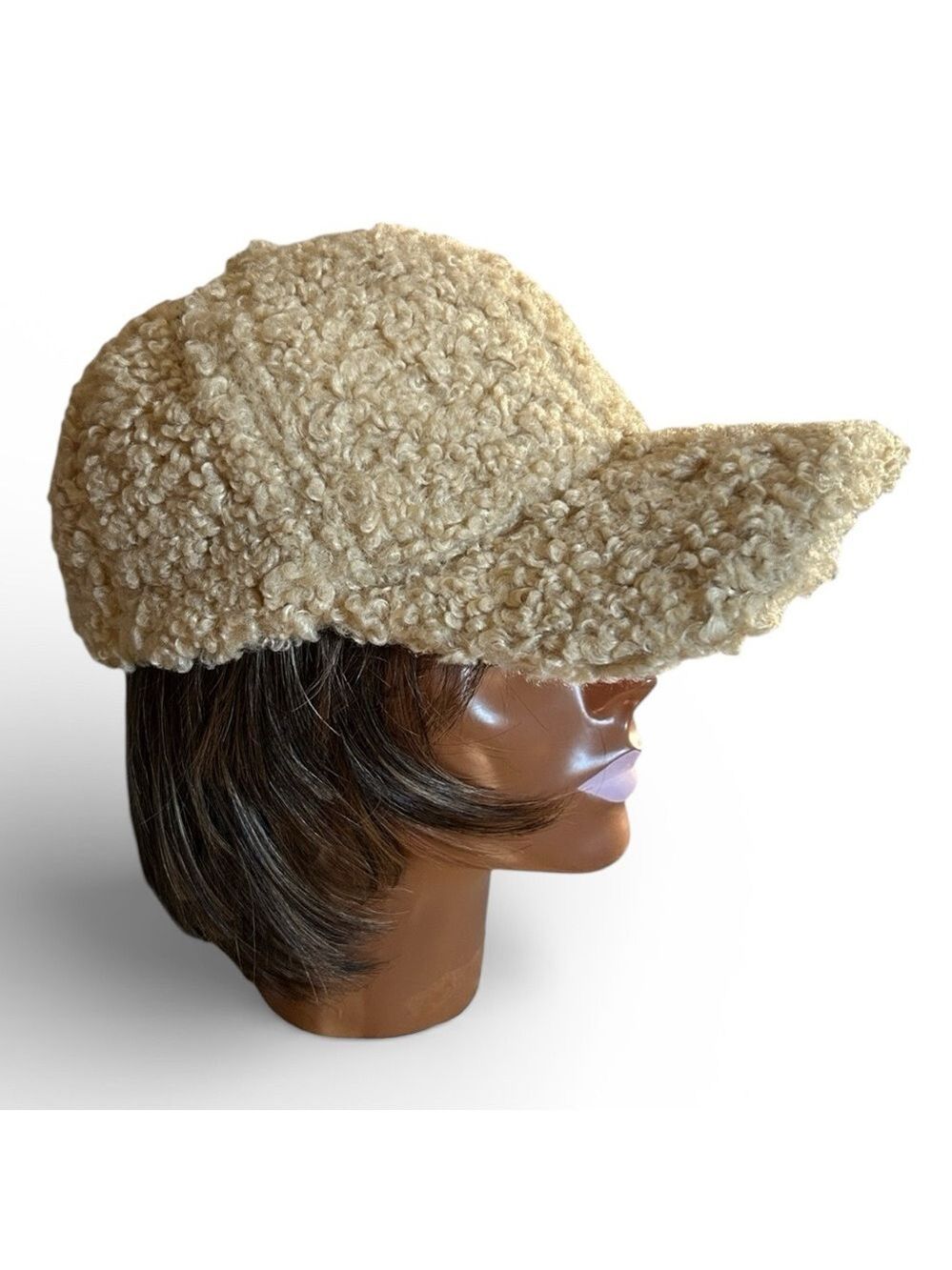 Cozy Plush Textured Shearling Poodle Baseball Cap with Soft Fleece Feel in Beige